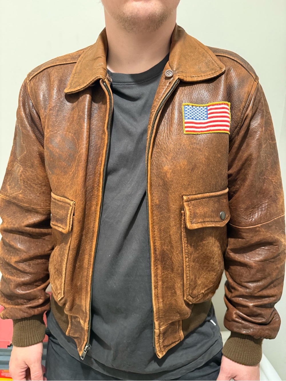 Vintage-Inspired Brown Leather Bomber Jacket with American Flag Patch